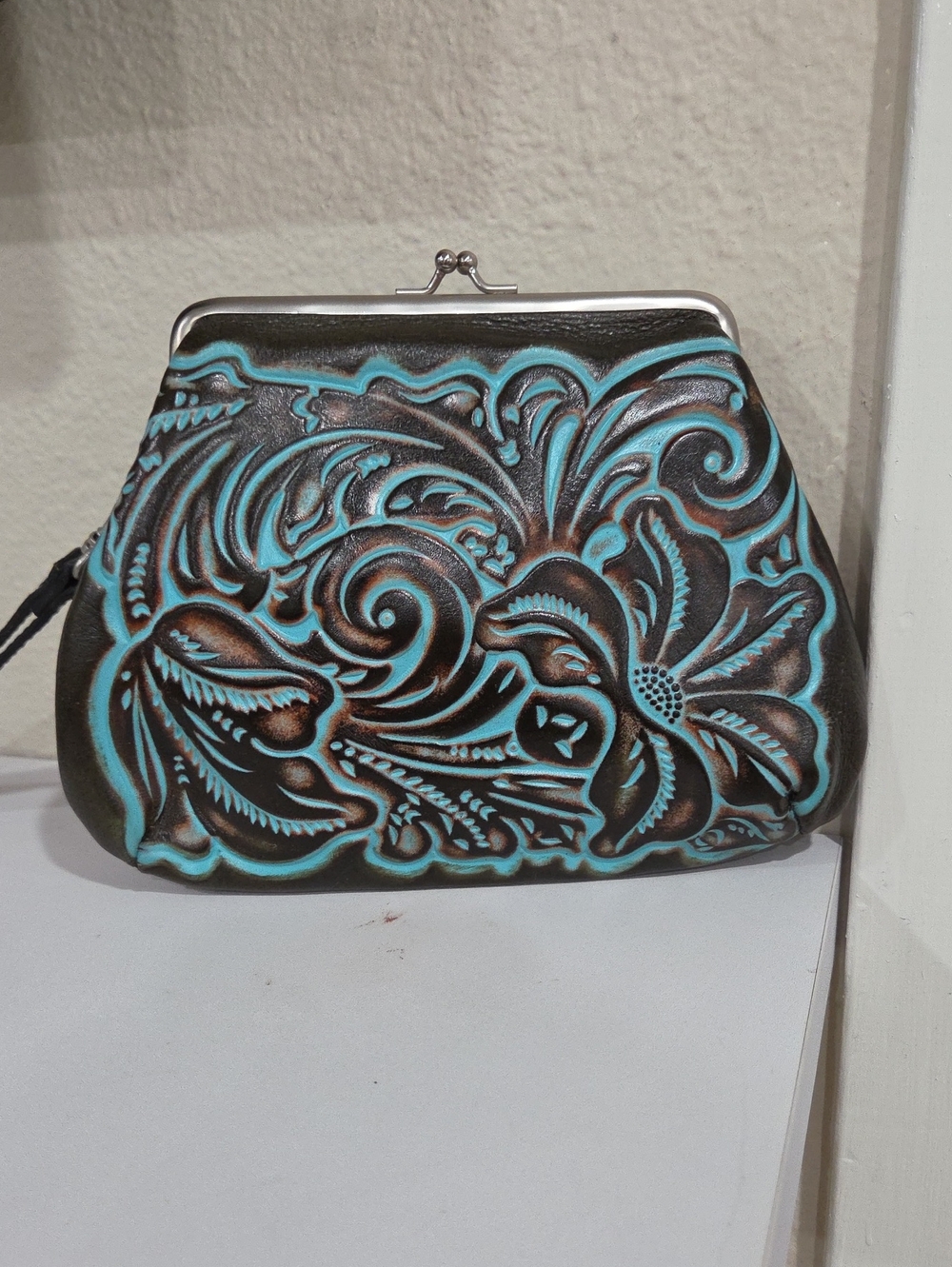 Patricia Nash Hand-Tooled Floral Leather Clutch/Wristlet Turquoise and Brown
